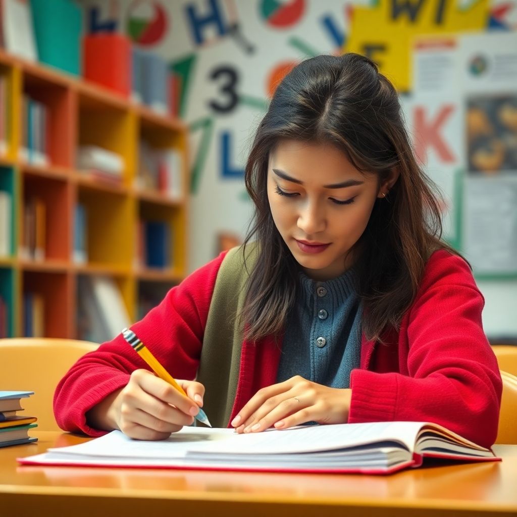 University student writing in a vibrant study environment.