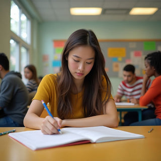 Estudante universitário escrevendo em um ambiente colorido.