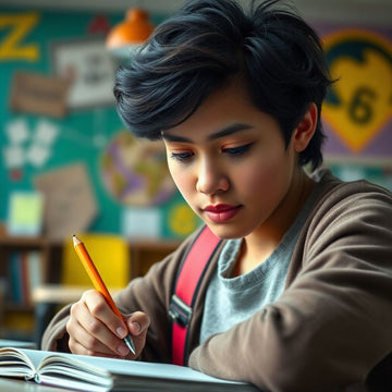 University student writing in a vibrant study environment.