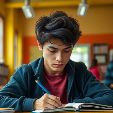 University student writing in a vibrant study environment.