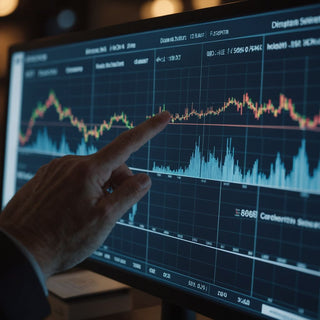 Researcher analyzing keywords on screen with graphs and charts.