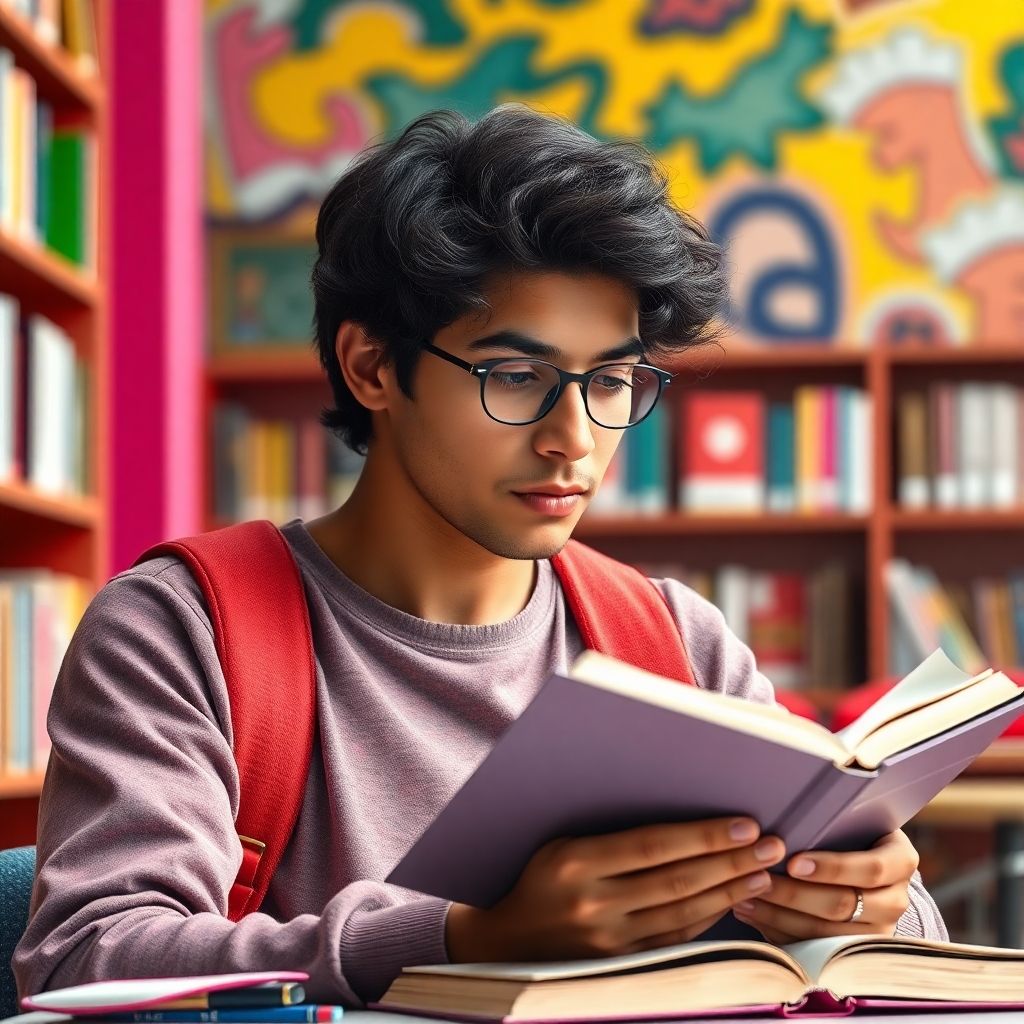 Estudante universitário lendo em um ambiente vibrante.