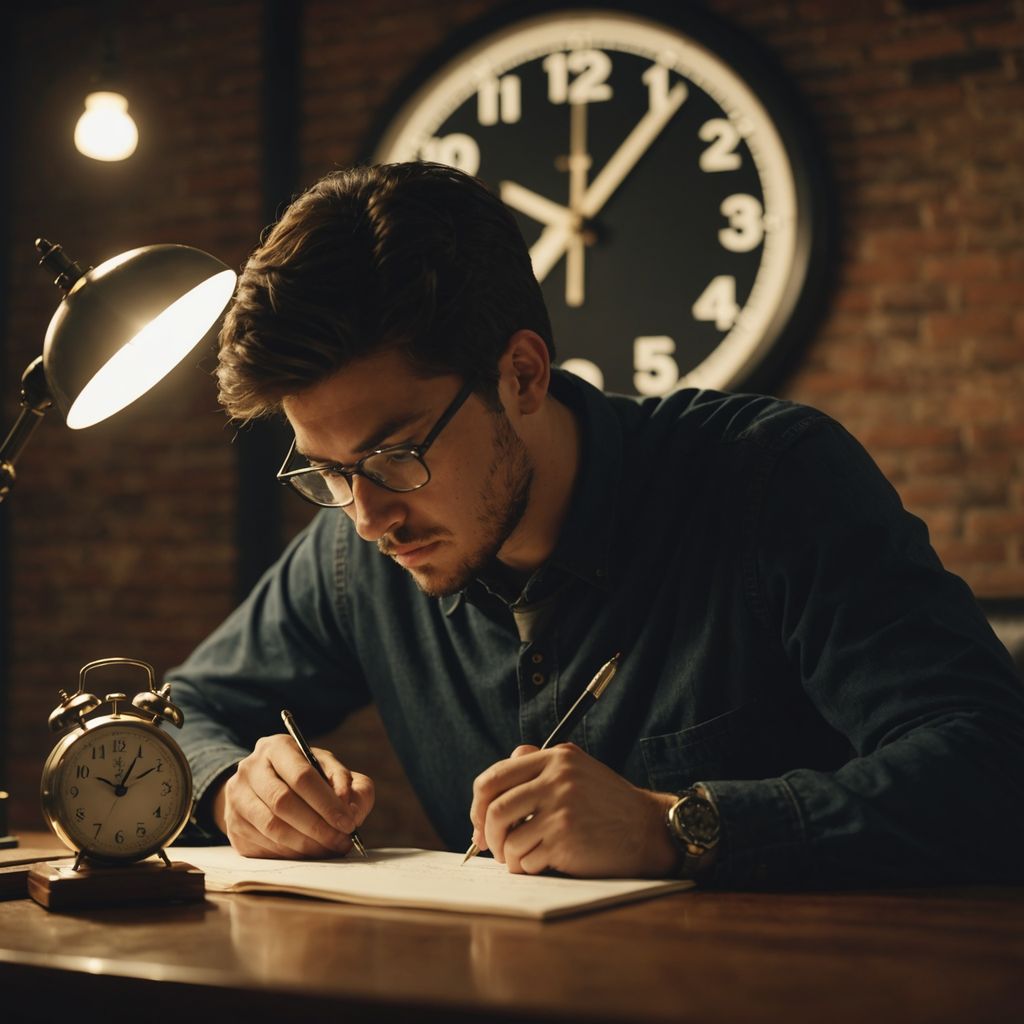 Graduate student writing thesis with clock in background