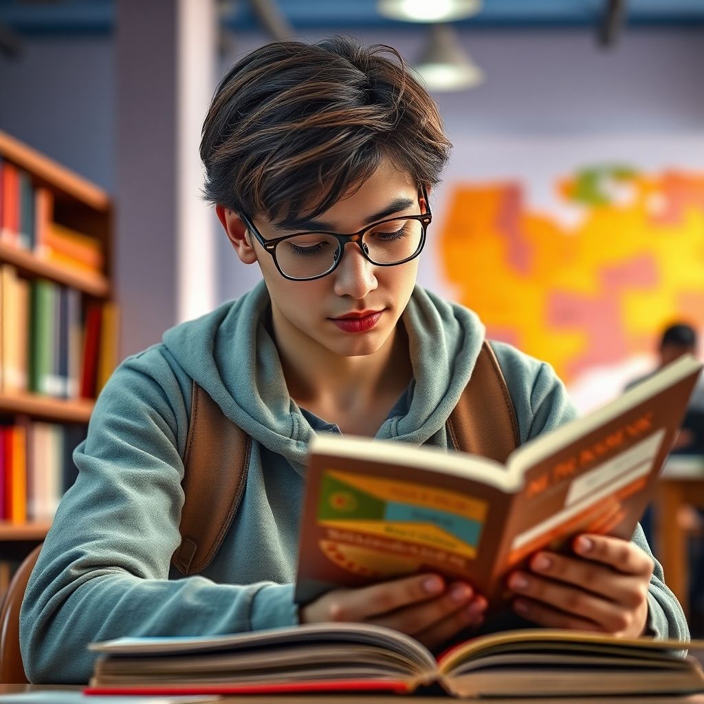 University student reading in a vibrant study environment.