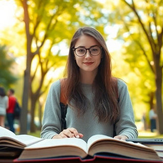 University student in a vibrant campus environment with books.