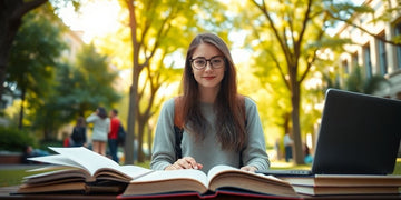 University student in a vibrant campus environment with books.