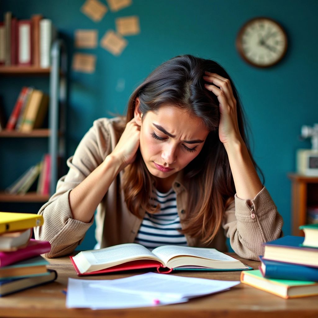 Estudiante contemplando el trabajo de disertación entre libros y notas.