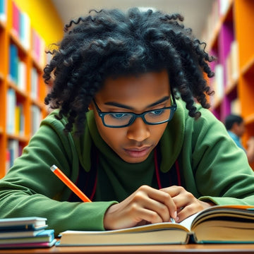 University student writing in a colorful study environment.