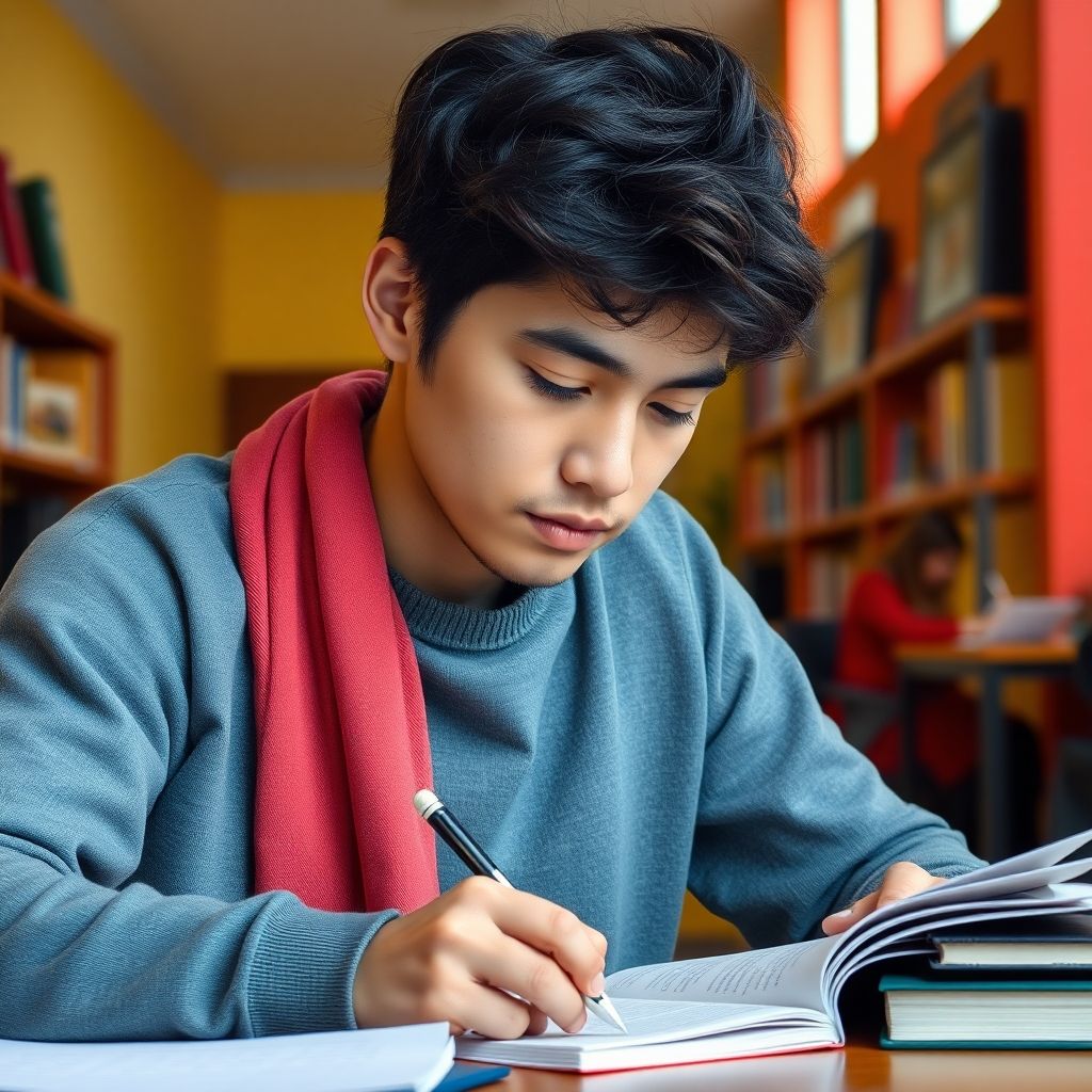 University student writing in a colorful, vibrant setting.