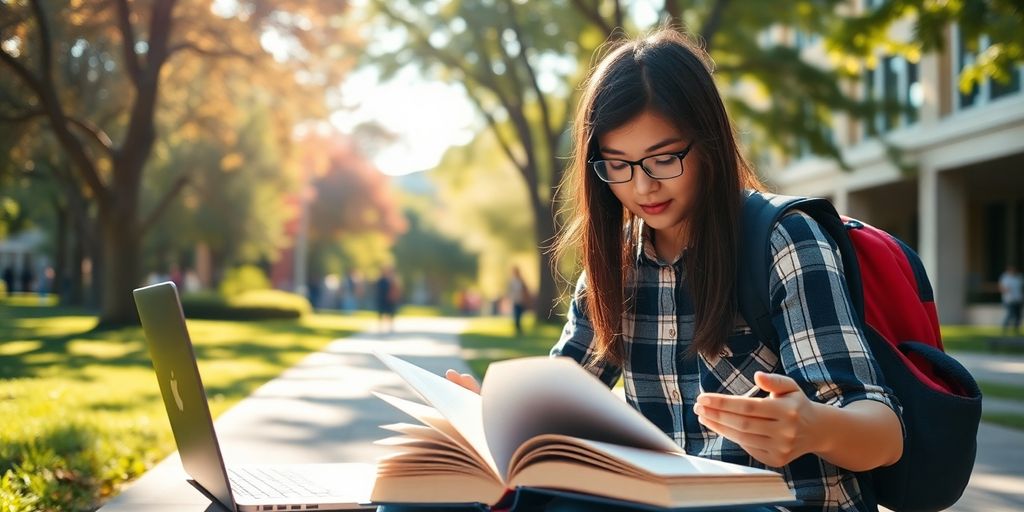 University student studying in a lively campus setting.