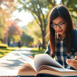 University student studying in a lively campus setting.