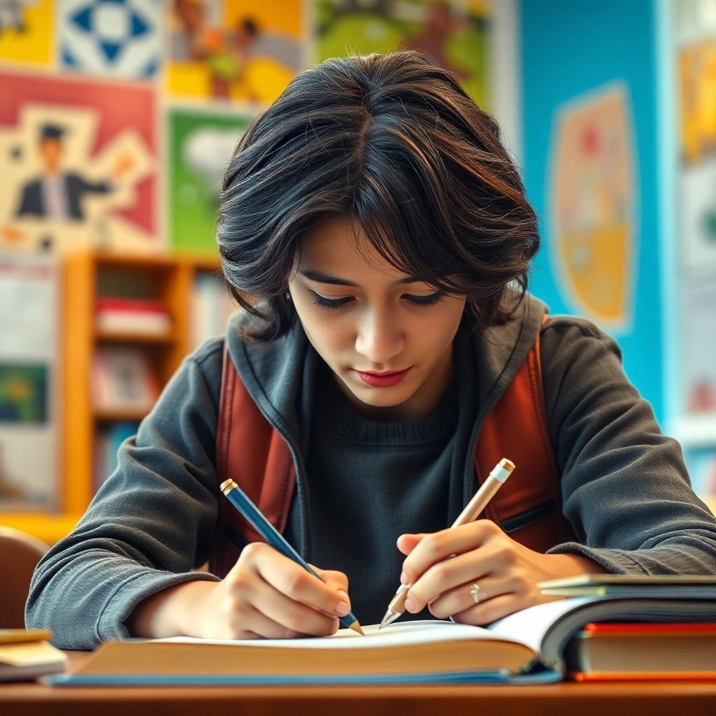 University student writing in a vibrant study environment.