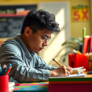 Étudiant universitaire concentré à écrire sur un bureau.