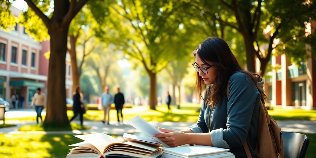 University student researching in a vibrant campus setting.