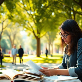 University student researching in a vibrant campus setting.