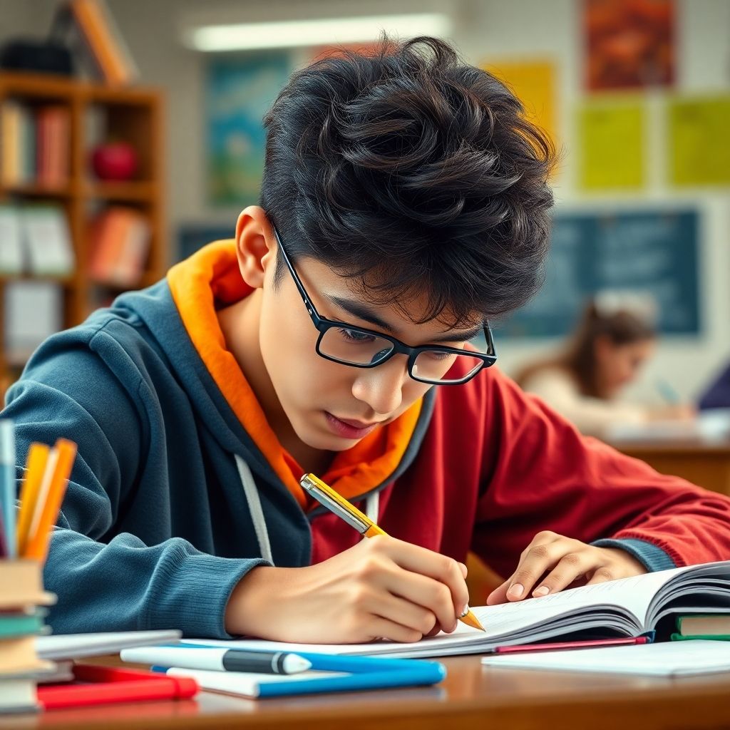 विश्वविद्यालय का छात्र एक शैक्षणिक वातावरण में लिख रहा है।