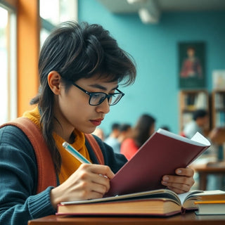 Estudante universitário escrevendo em um ambiente vibrante.