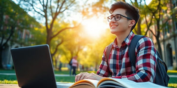 University student in a vibrant campus with books and laptop.