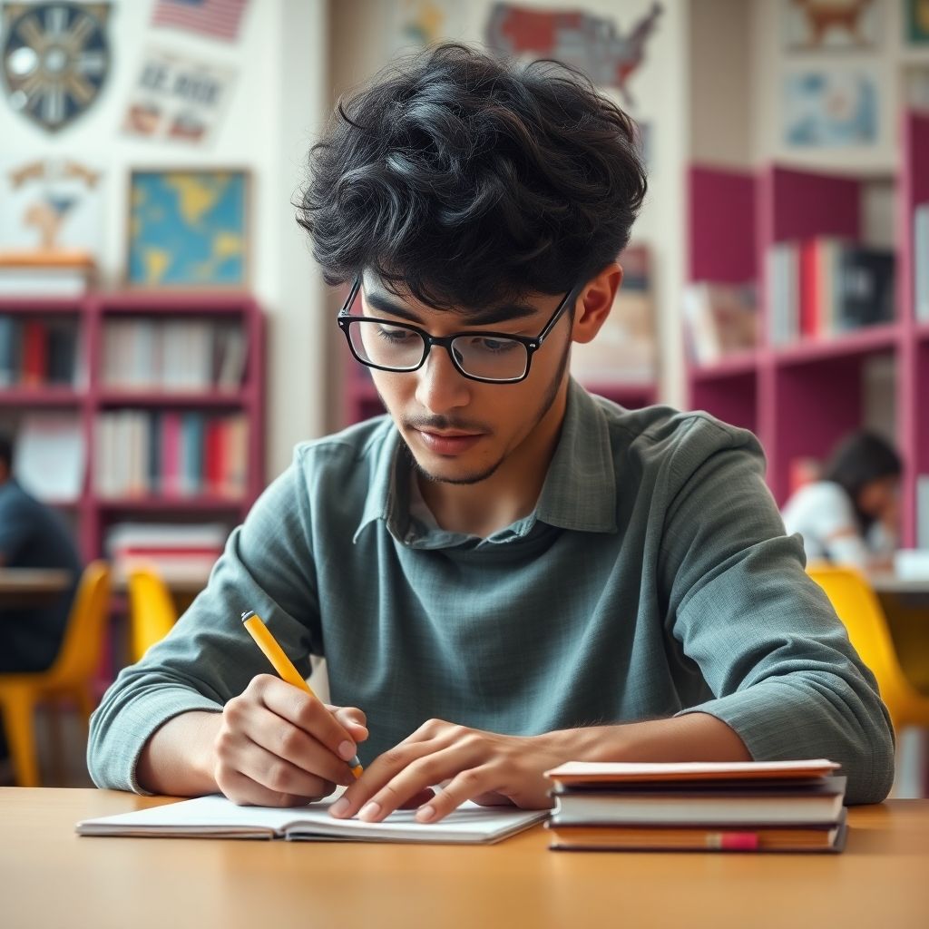 University student writing in a vibrant study environment.