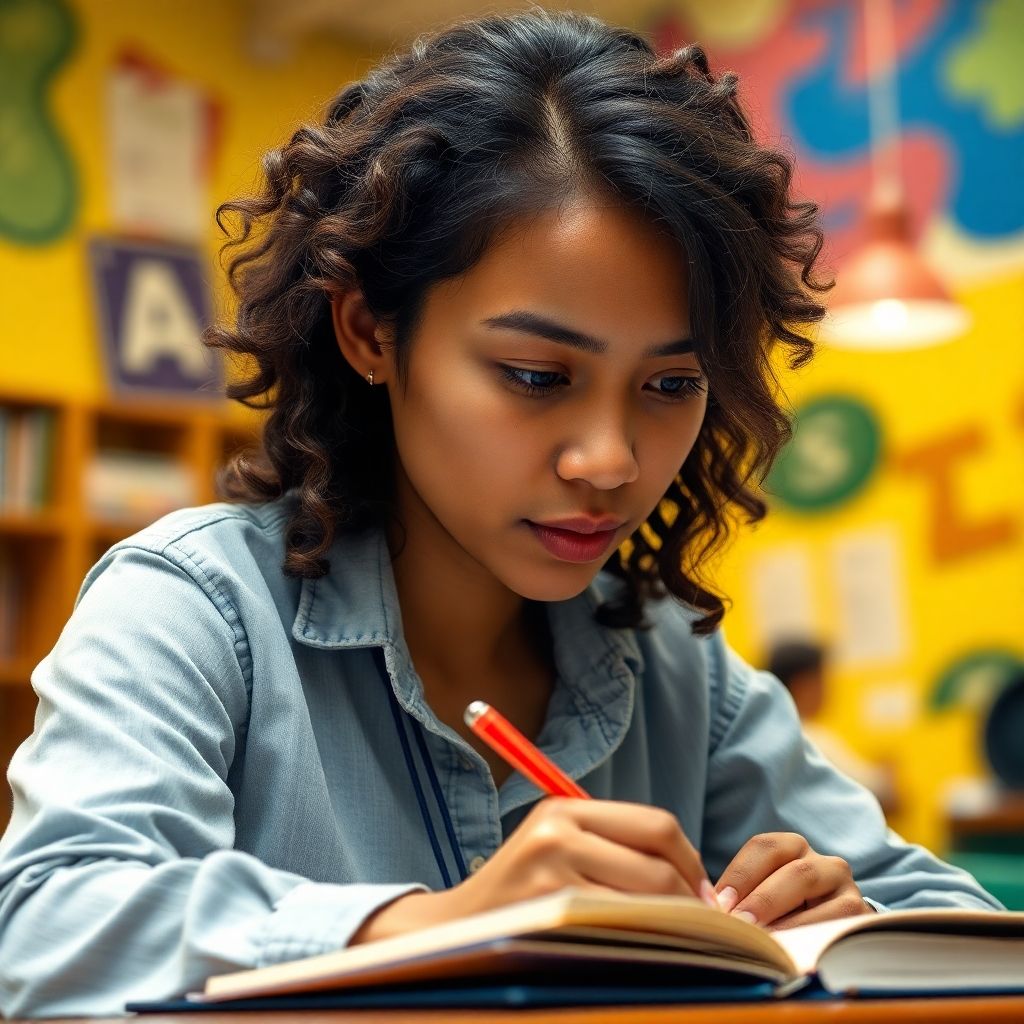 University student writing in a vibrant study environment.