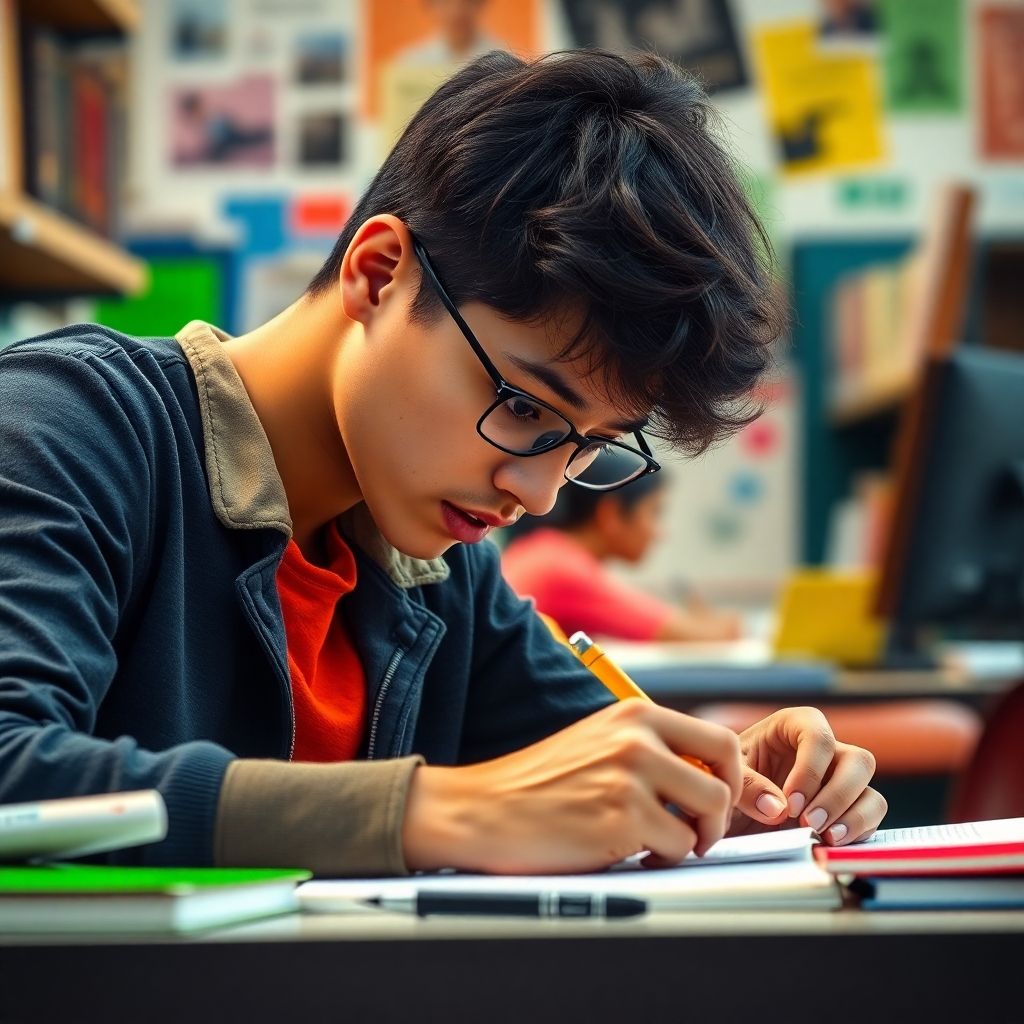 Estudiante universitario escribiendo en un ambiente vibrante.