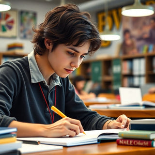 University student writing in a vibrant study environment.