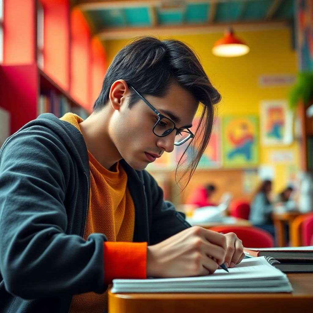 University student writing in a vibrant, colorful setting.