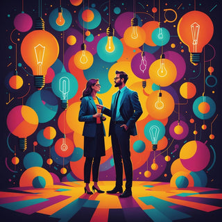 Person presenting ideas with abstract shapes and lightbulbs.