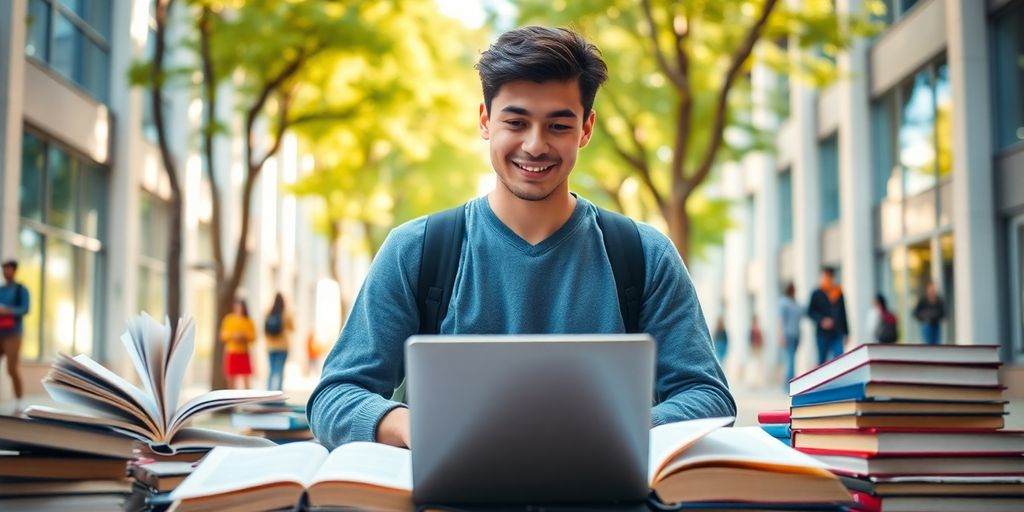 University student in vibrant campus with books and laptop.