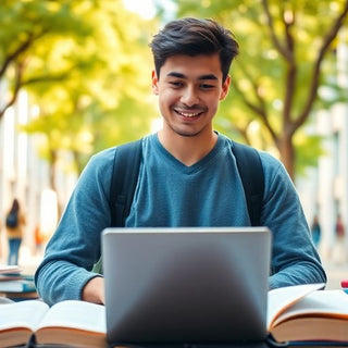 University student in vibrant campus with books and laptop.