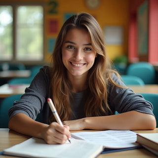 Estudante universitário escrevendo em um ambiente colorido.