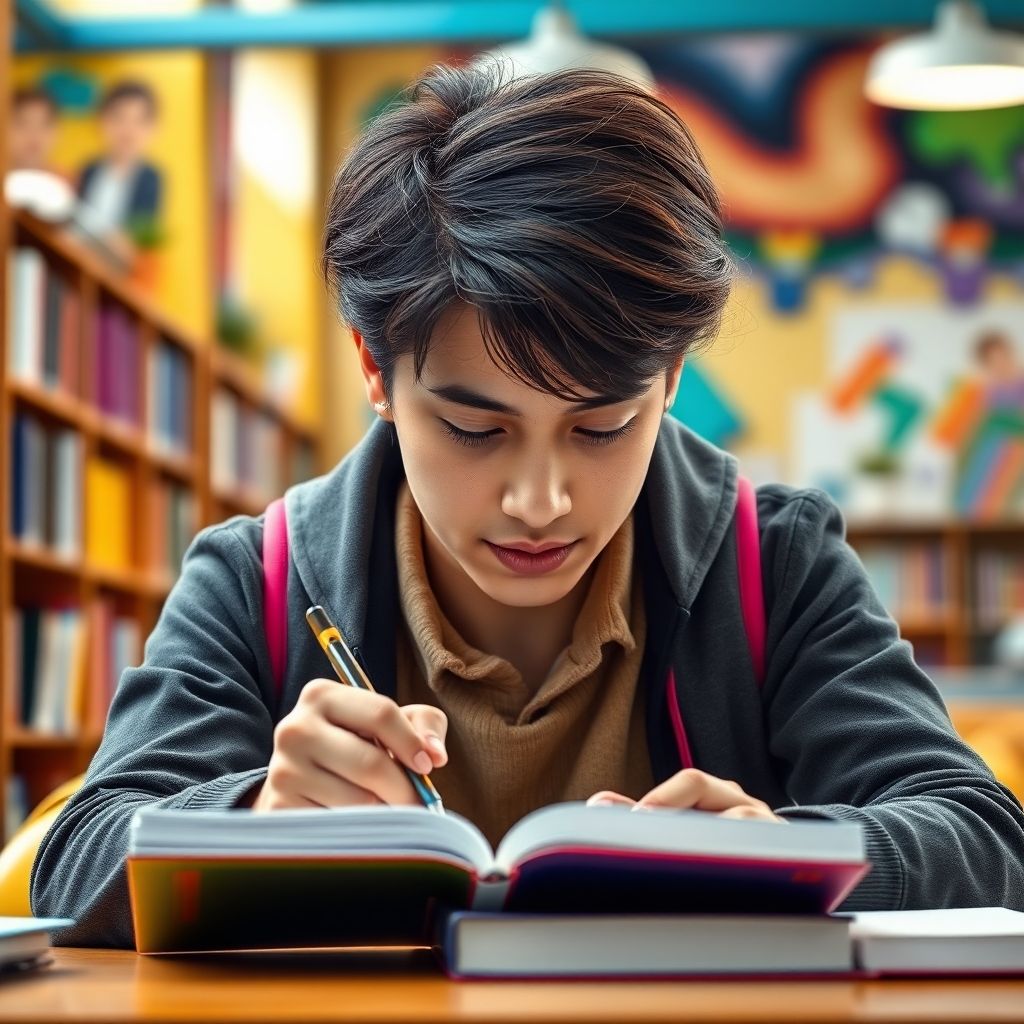 University student writing in a colorful study environment.