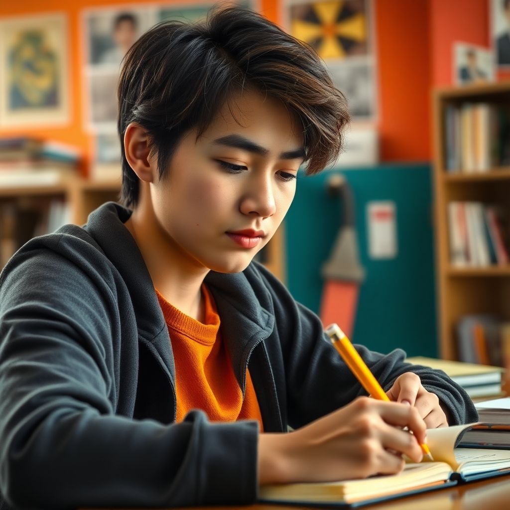 University student writing in a colorful study environment.