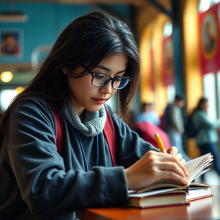 Estudiante universitario escribiendo en un ambiente vibrante.