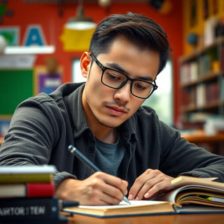 University student writing in a vibrant study environment.