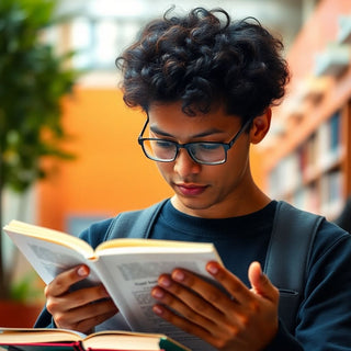 Estudiante universitario leyendo en un entorno colorido.