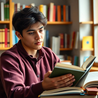 University student reading in a colorful study environment.