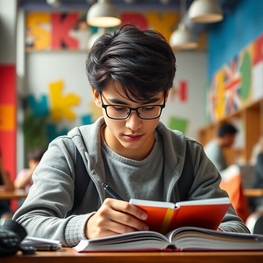 Estudante universitário escrevendo em um ambiente colorido.