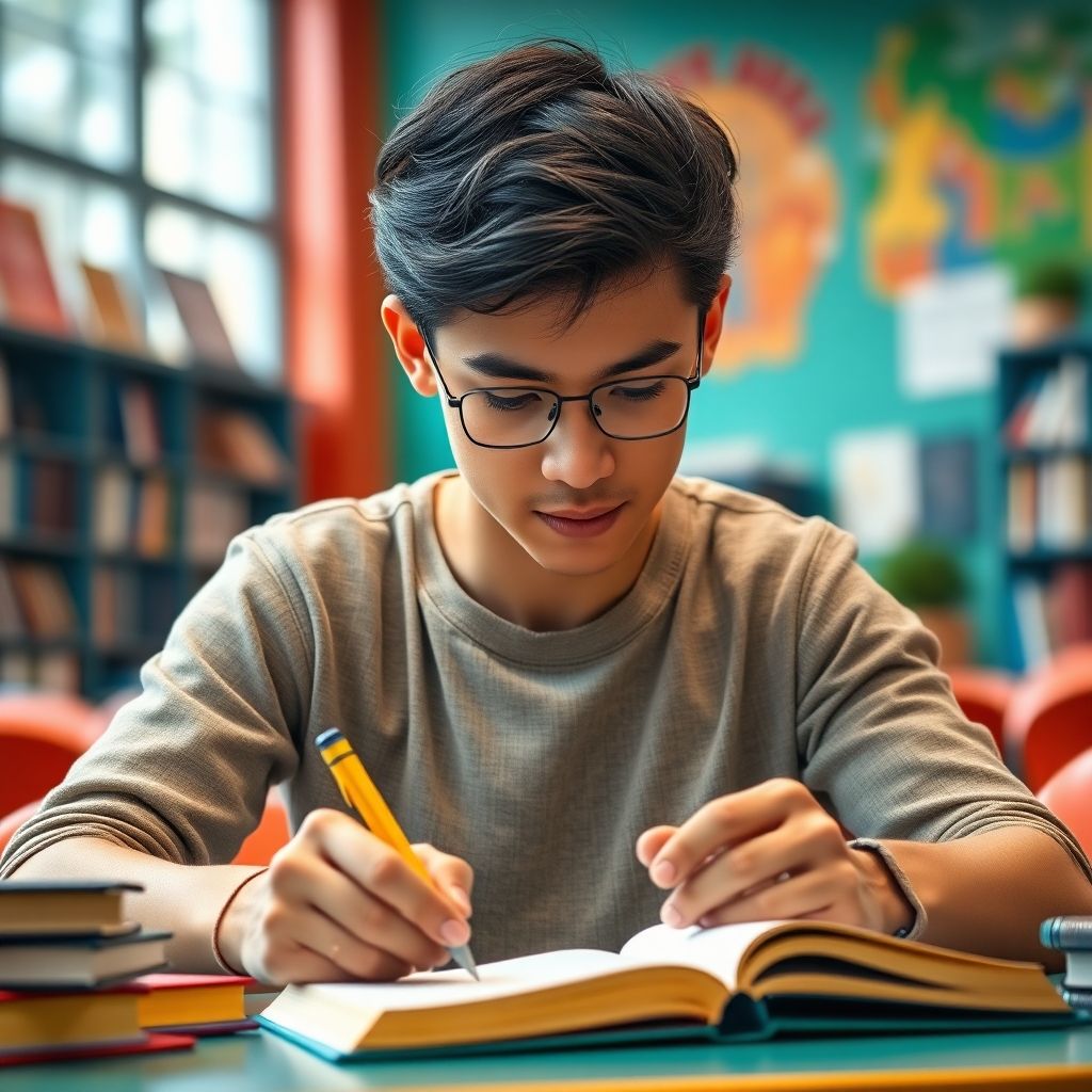 University student writing in a vibrant study environment.