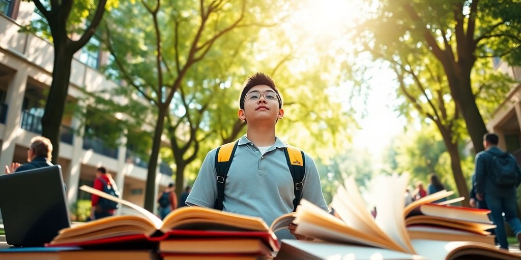 University student in a vibrant campus with books and laptop.