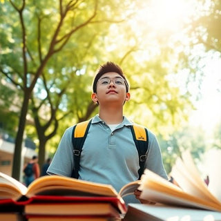 University student in a vibrant campus with books and laptop.