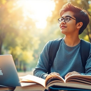 University student in a vibrant campus studying with open books.