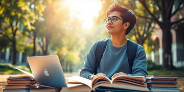 University student in a vibrant campus studying with open books.