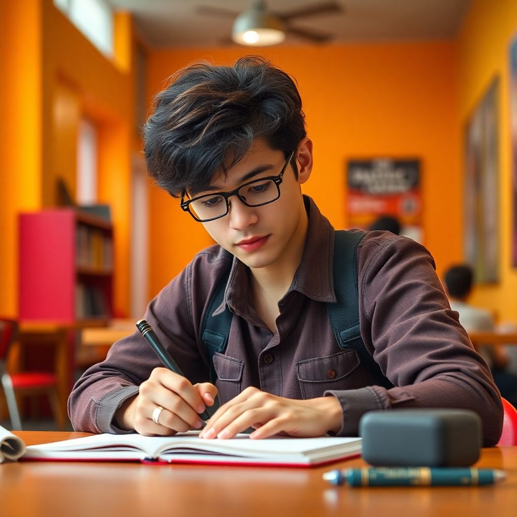 University student writing in a vibrant study space.