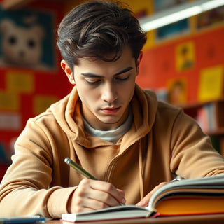 University student writing in a vibrant study environment.