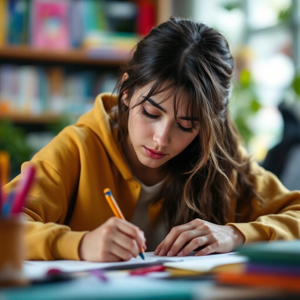 University student writing in a vibrant study environment.