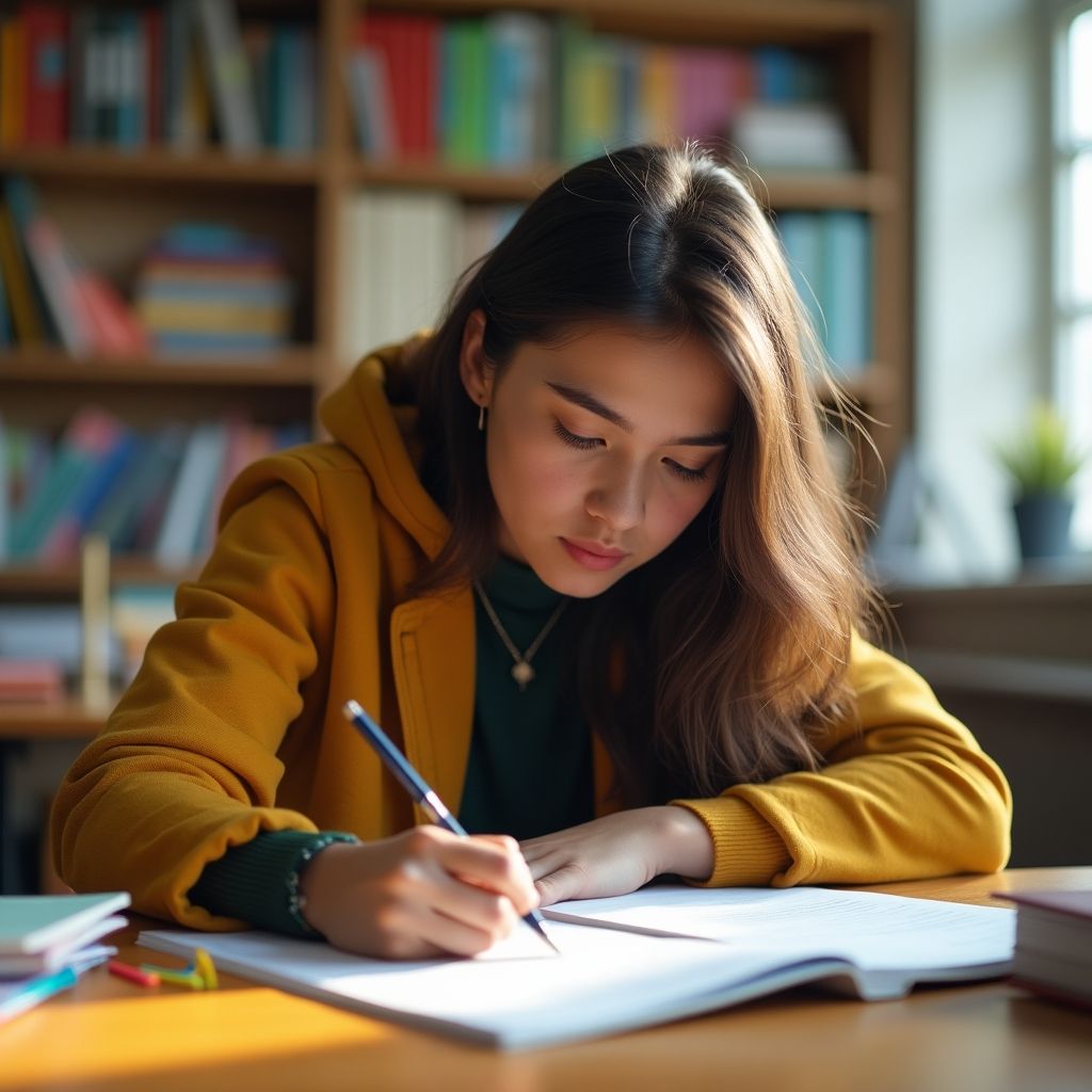 University student writing in a vibrant study environment.