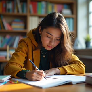 University student writing in a vibrant study environment.