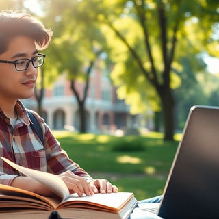 Estudiante universitario en un campus vibrante y animado.