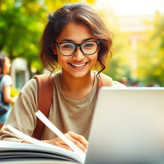 University student studying in a vibrant campus environment.